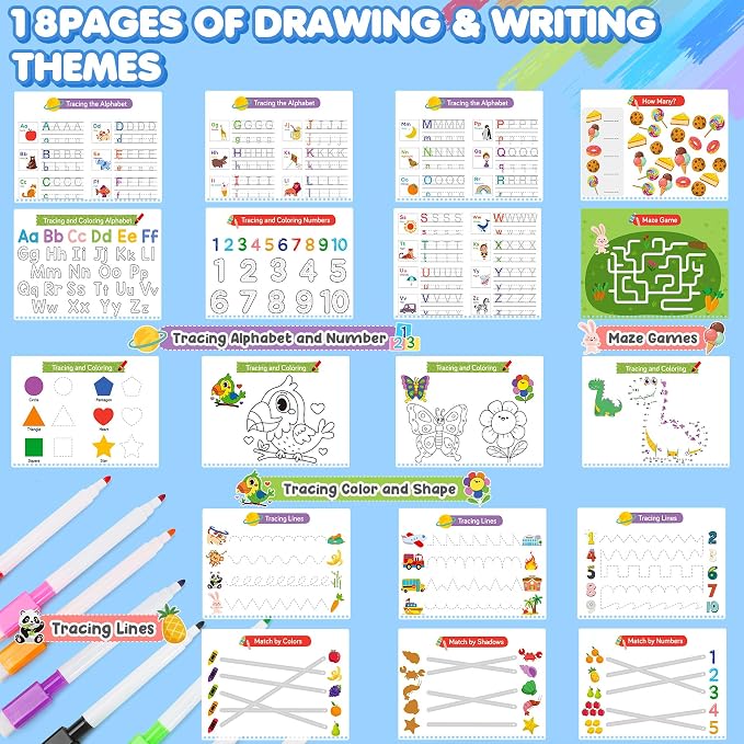 Busy Book for Toddlers 3-5, 36 Montessori Preschool Learning Activities | 36 Activities with Matching, Tracing and Coloring, Plus 8 Markers and 184 Stickers for Travel, Homeschool and Quiet Time