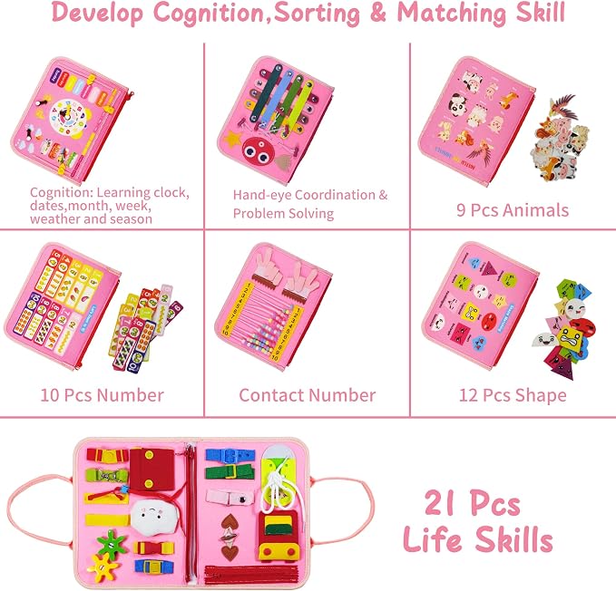 LearnToy Montessori Busy Board for Girls 3 4 5 Year | Sensory Toys for Toddlers 3-6, Ideal for Travel and Preschool - ABCs, 123s, Colors, Animals, Weather, Birthday Gifts-DE