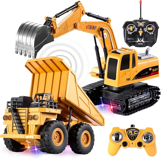 JOYIN 2 PCS Remote Control Construction Vehicle Toy Set, Friction-Powered RC Excavator & RC Dump Truck with Lights and Sounds for Imaginative Play, Birthday Gifts for Boys Girls