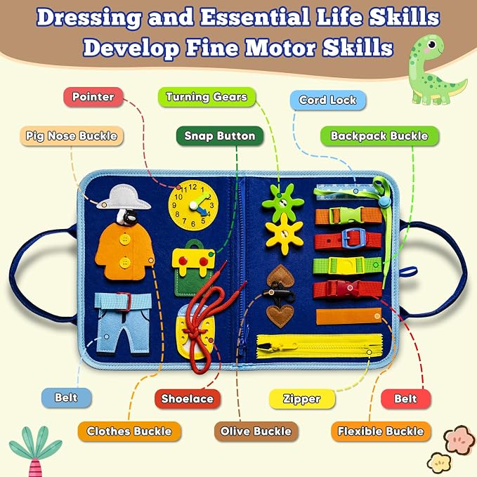 Montessori Busy Board for Toddlers 3-6, Sensory Educational Activities Board for Learning Fine Motor Skills, Travel Toys for Airplane Car, Gift for Girls Boys 3+ Years Old (Dinosaur)