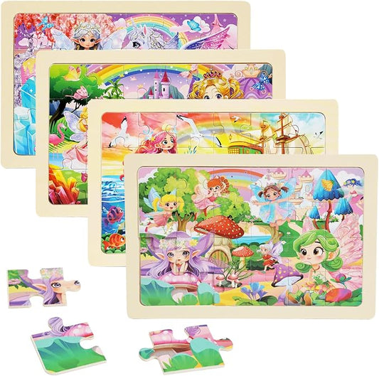 Wooden Princess Puzzles for Kids Age 3 4 5 Year Old, 4 Pack 24 Pcs Montessori Toddler Jigsaw Puzzles for Girl boy Activities Preschool Learning Educational Birthday Gift Travel Autistic Wooden Toys
