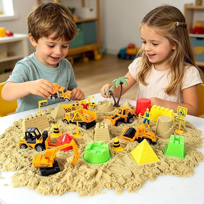 Sensory Bin, Construction Sensory Sandbox Kids Play Sand Art Kits | with 2.2lbs Magic Sand, Molds, Shovel, 6Pcs Diecast Construction Vehicles, Crane- Sand Box with Lid for Toddlers Boys Age 3-8