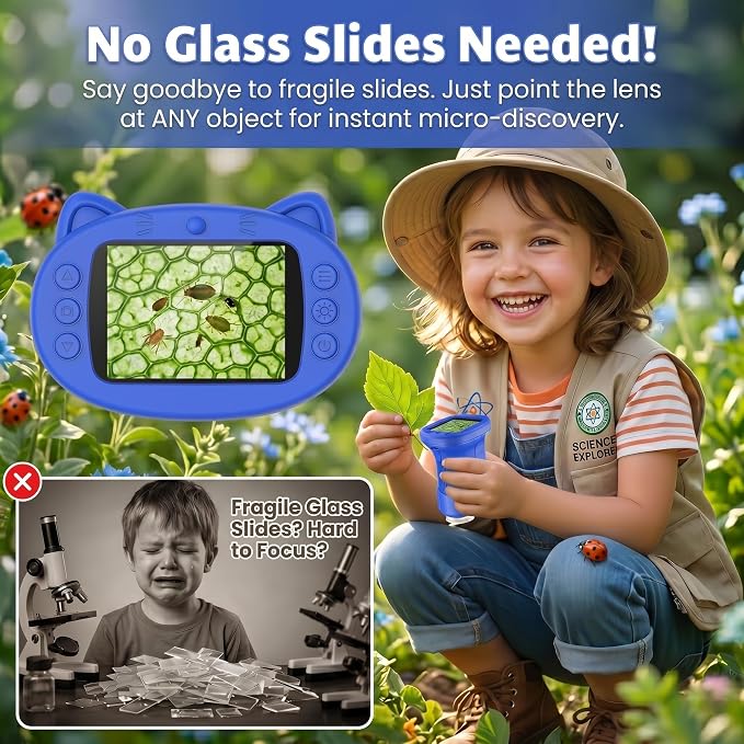 Kids Microscope, 1000X Handheld Digital Pocket Microscope with 2.4" IPS Screen & 8 LEDs, Rechargeable STEM Educational Science Toy for Outdoor Exploration, Gift for Boys Girls Age 4-12, Blue