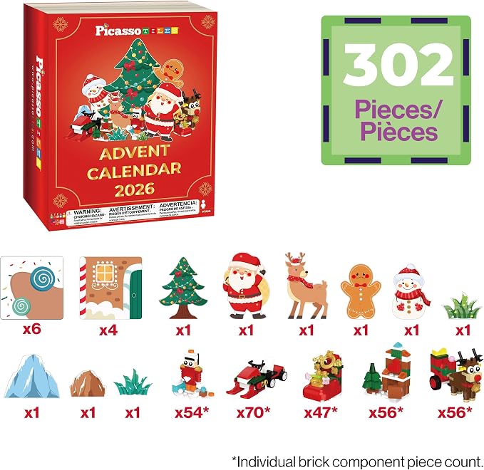 PicassoTiles Magnetic Tiles Building Brick Block Advent Calendar Christmas Theme Set Gingerbread House Holiday Toy Piece Surprise Countdown Magnet Tile STEM Learning Educational Gift for Kids PTA50
