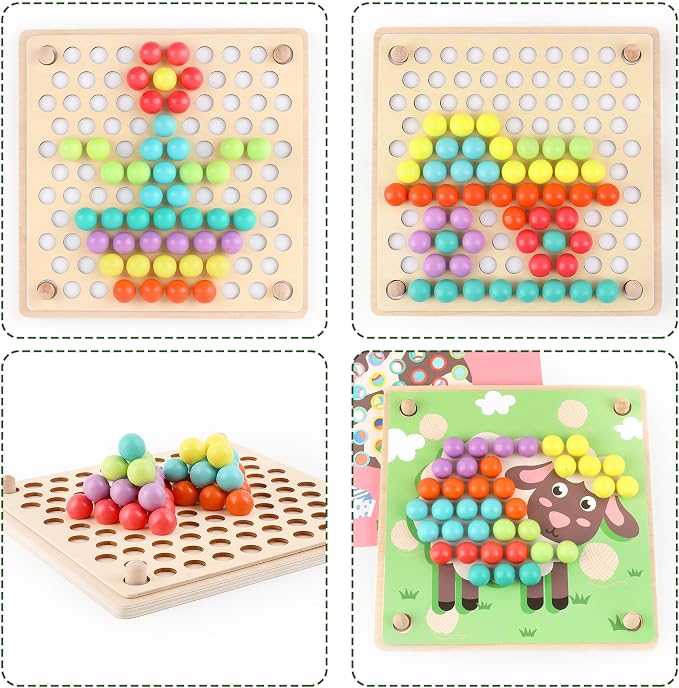 Wooden Peg Board Bead Game, Montessori Learning Toy, Color Sorting Stacking Matching, Fine Motor Math Counting, Multicolor Wood, 3-5 Years