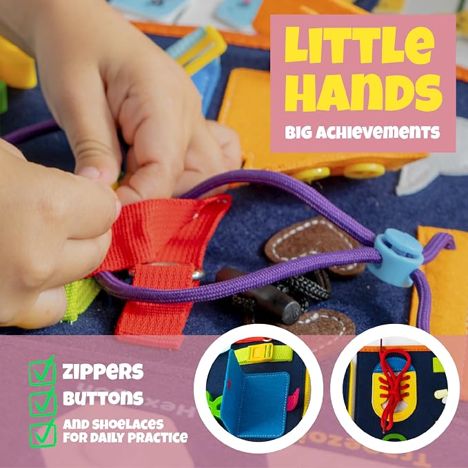 Ibenji Montessori Busy Book for Kids Ages 3+ Sensory Learning Toy with Zippers, Buckles, Letters, Numbers & Puzzles – Travel Quiet Book for Airplane & Car