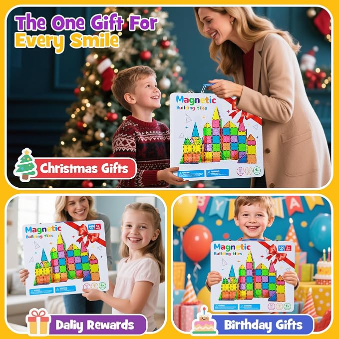 Premium Magnetic Tiles 100pcs: Durable STEM Building Blocks Kids 3-8 | Iron case with handle, lid as play base. 7.5cm tiles, sealed, ASTM & CPSIA safe. Montessori STEM for preschool. Gift 3-8