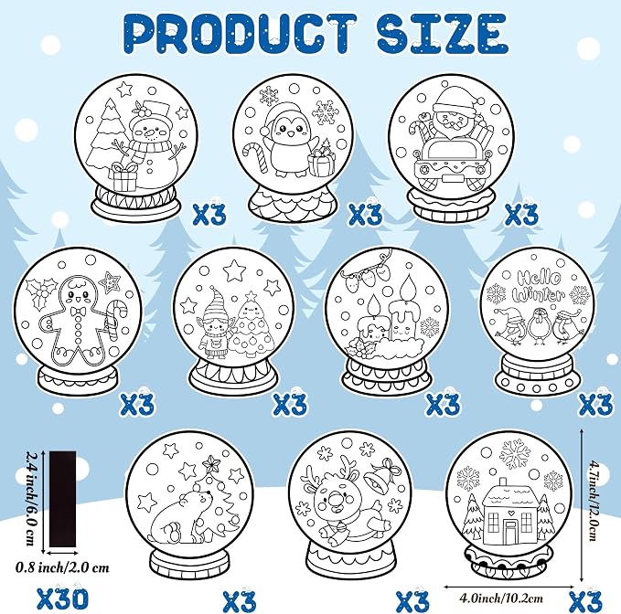 Winter Snow Globe Coloring Craft Kit - 30Pcs Snowman Penguin Bear Color Your Own Magnets for Kids Snow Globe Blank DIY Coloring Fridge Magnets for School Home Decor Xmas Winter Holiday Party Supplies