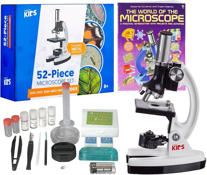 AmScope M30-ABS-KT2-W-WM 1200X 52-pcs Microscope Kit with Slides, LED | LED Ring Light