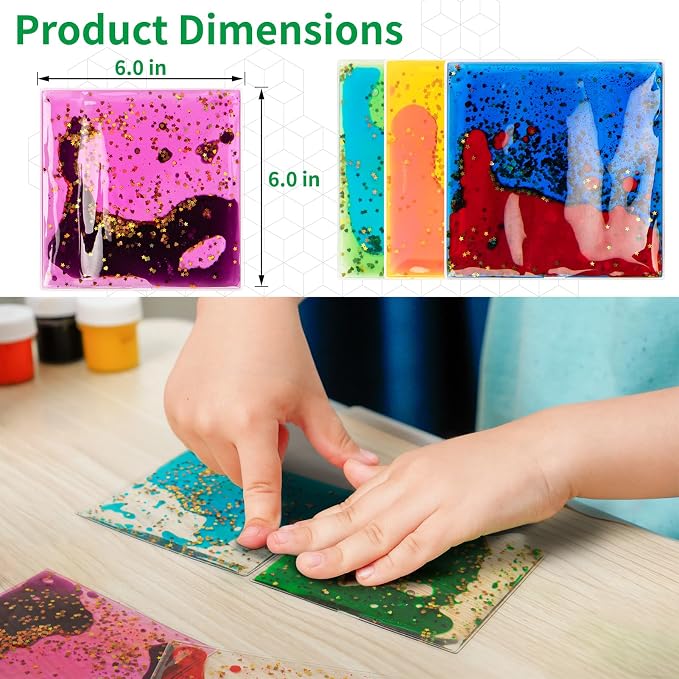 LONGKING 4-Pack 6"x 6" Liquid Tiles for Kids, Soft Gel Liquid Sensory Toys for Autistic Children, Sensory Mats, Sensory Toys for Toddlers 3-4 | Sensory floor tiles, soft liquid gel, 6"x6", color movement play mat, playroom classroom daycare, 4-pack
