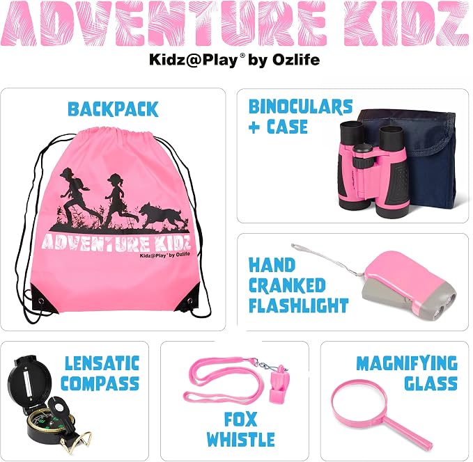 Adventure Kidz Pink Outdoor Exploration Kit for Children | Binoculars with Case, Flashlight, Compass, Fox Whistle, Magnifying Glass, Backpack