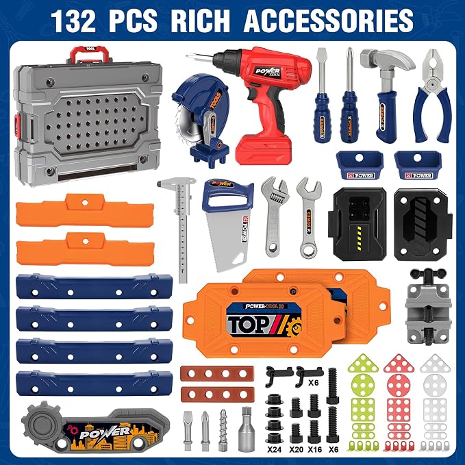 TooyBing Kids Tool Bench Set with Electric Drill and Realistic Tools, Construction Workbench Playset Toy for Toddler 3-5, Easy Set up, Kids Boy Toys, Birthday Gifts for Boys Age 3 4 5 Year Old