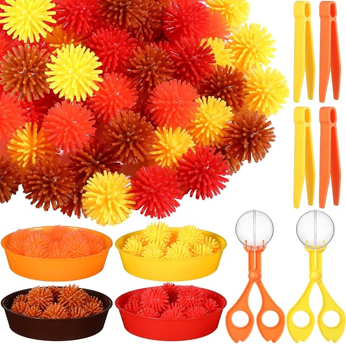 Leitee 71 Pcs Sensory Bin Filler,Orange,Autumn | Hedge Balls Tweezers Clips Cups, Fine Skills Toys Set for Kids Counting Sorting, Sensory Bin Tools Preschool Learning
