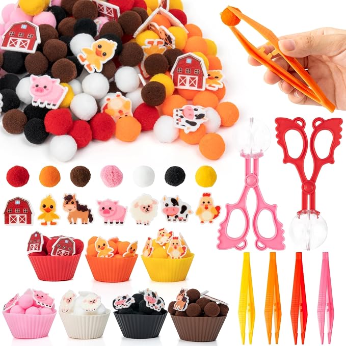 EZdhuawuse Farm Animals Sensory Bin Fillers - 301Pcs Summer Fine Motor Toys Sorting Stacking Toys for Kids, Felt Pig Horse Sheep Pom Poms Cup Clip for Preschool Education Early Development Activities