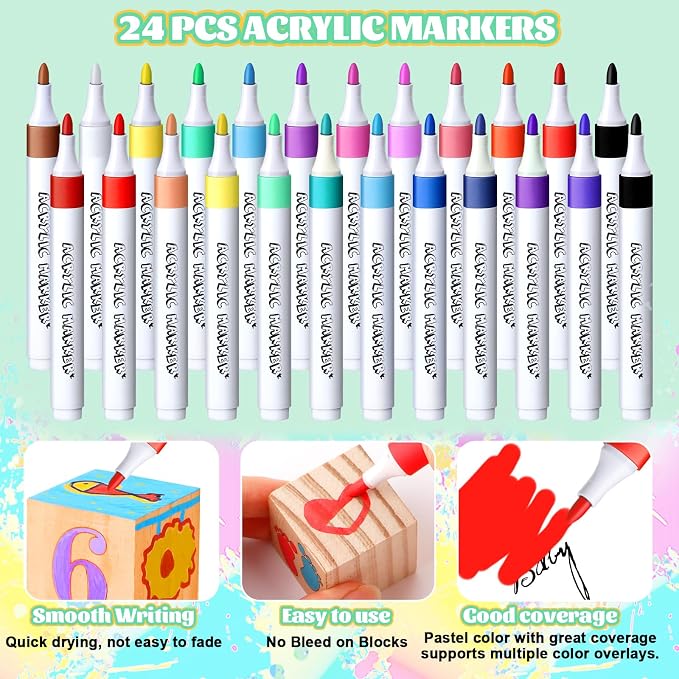 Baby Shower Blocks Game Set with Wooden Box, Acrylic Markers & Wooden Sign for Baby Shower Games, Gender Reveal & Decorations (BrownBear)