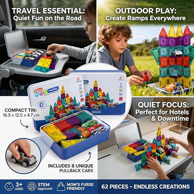 Mini Magnetic Tiles 62 PCS with 8 Metal Cars Travel Magnetic Building Tiles with Storage Box Magnet Toy for Kids STEM Educational Set Construction Toys Boys Girls Toddlers Birthday Gifts 3 4 5 6 7 8