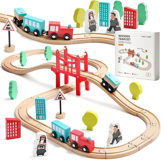 Tiny Land 39 Pcs Wooden Train Set for Toddler with Wooden Tracks | Compatible with Major Brands, Expandable, Changeable Train Toy for 3 4 5 Years Old Girls & Boys, Great Birthday Gift