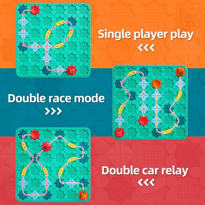 burgkidz STEM Road Build Puzzle: Teal Board, 200+ Chal. w/ 2 Cars | Teal creative board: 14 tracks, 2 start/end, 2 windup cars. 200+ puzzles, 4 levels, 3 modes. Dots fit bricks. Storage bag