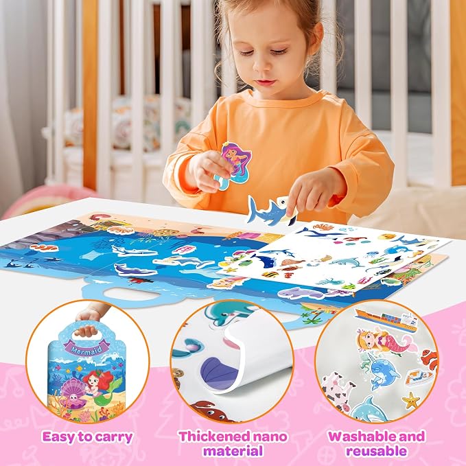 Reusable Sticker Books for Toddlers 1-3 Girls, 2 Pack Jelly Sticker Book with Mermaid & Fairy Themes, Dress Up Sticker Activity Travel Toys for Girls 2-4, Birthday Gifts Holiday Stocking Stuffers