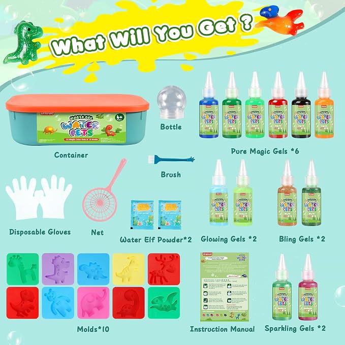 Aqua Fairy Water Gel Kit - Magic Water Elf Toy Kit - Water Pets - Dinosaurs DIY Squishy Maker Set - 12 Gels & 10 Molds - Make Your Own Squishies Sensory Toys - Water Toys - Gifts for Kids Ages 4+