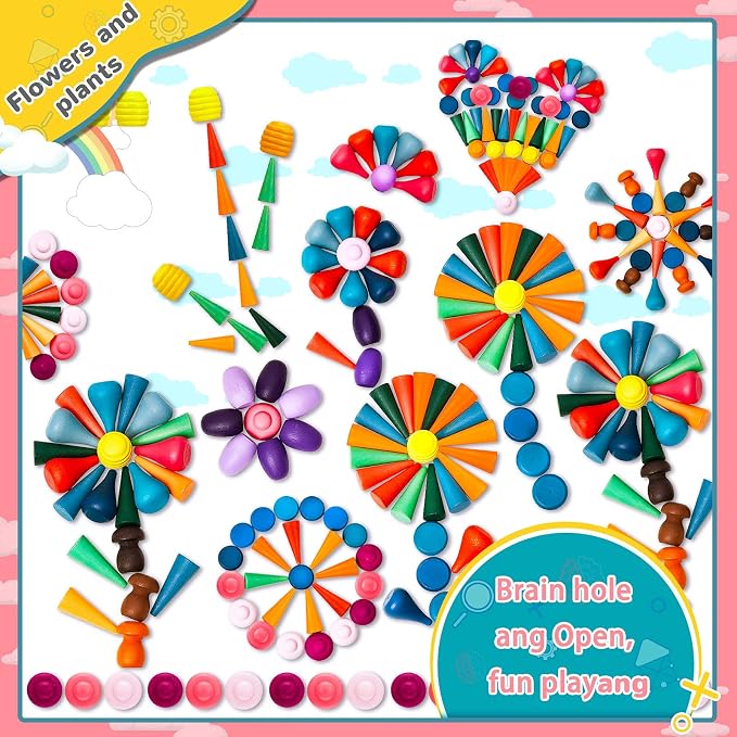 Chivao Loose Parts Play Materials Set, Wooden Mandala Toys Kit,162 Pcs | Wood Sensory Play Toys, 27 Rainbow Colors, 7 Shapes Loose Parts, Teens, Students, Early Learning Materials