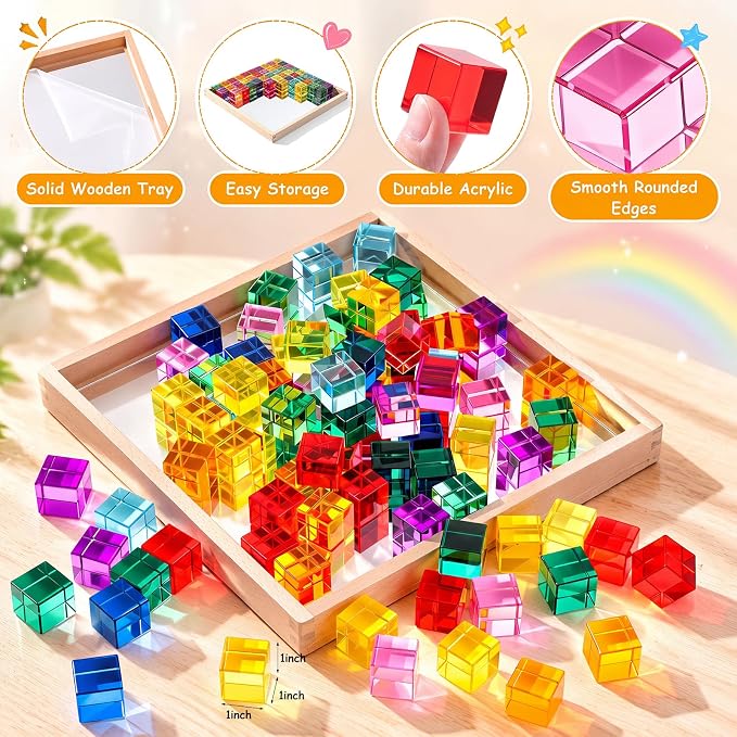 Meooeck 100 Pcs Rainbow Acrylic Gem Blocks Set with Wooden Mirror Tray, Translucent Stacking Gem Cubes for Kids 3-8, Montessori Educational Stem Sensory Light Learning Toy Gift Creative, School Supply