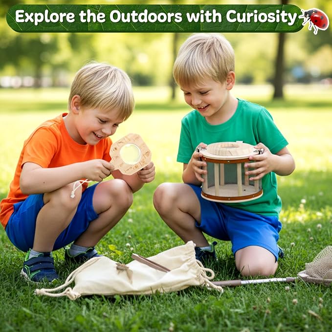 GAGAKU Wooden Bug Catcher Kit for Kids 4-8, Outdoor Explorer Set with Expandable Butterfly Net, Magnifying Glass, Tweezers, Educational Catching Toy for Backyard Camping, Gift for Boys Girls