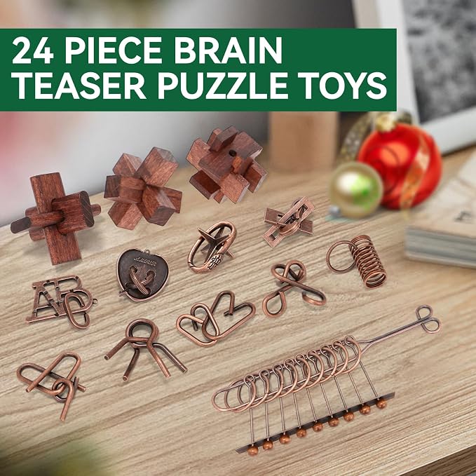 Mytothfy Brain Teaser Puzzles for Adults Teens Kids, 3D Puzzle Game Toys | 24 Pcs Metal & Wooden Unlock Interlocking Puzzle for Adults Teens, IQ Education Smart Toys, Train Family Games Party Favor