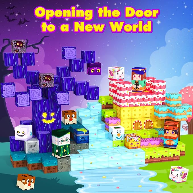 Magnetic Blocks Building Cubes, Magnetic Tiles Kids Montessori Sensory Toys & Games for 3 4 5 6 7 8 9 10 11 12 13 Year Old Boys Girls, Kids Toddler Halloween Decorations Party Favors Birthday Gifts