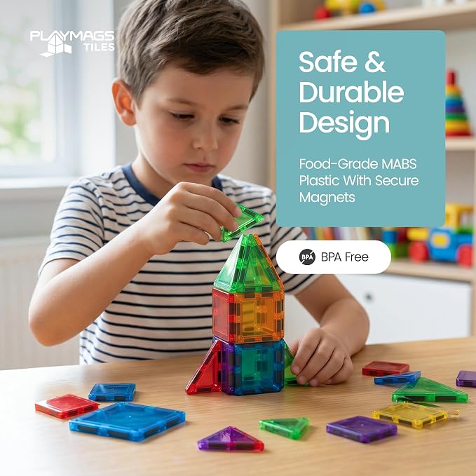 Playmags Mini Magnetic Tiles for Kids 57-Piece Set | Travel Magnetic Blocks | STEM Sensory Educational Toys | Portable Toddler Building Toys | Gift for Boys & Girls Ages 3