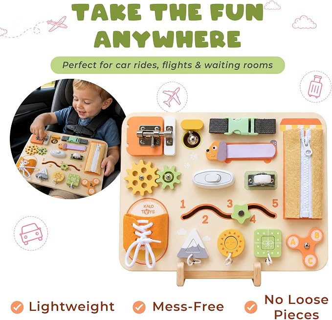 Montessori Busy Board for Toddlers, Wooden Sensory Toys, Preschool Learning Activities for Fine Motor Skills Travel Toy, Basic Life Skills Educational Gifts for 1 2 3 Years Old Kids Boys Girls (Green)