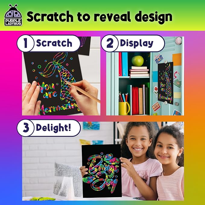 Rainbow Scratch Art Kit with Stencils, 79 Pc Craft Kit Ages 4-8 | Creative Drawing Paper & Stencils, Arts and Crafts for Ages 4-12, Summer Activities for Kids, Travel & Birthday Activities