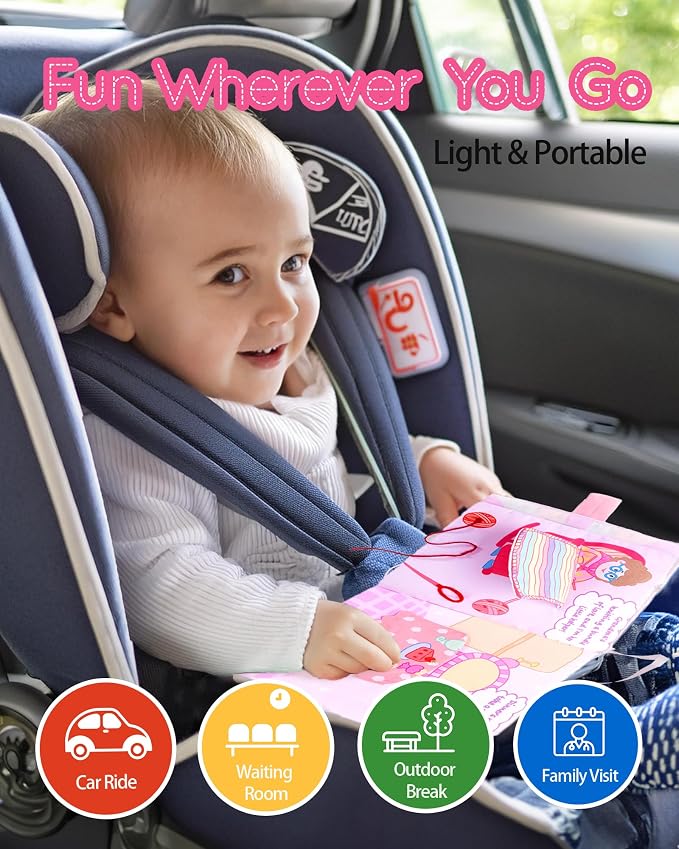 LeyaDoll Montessori Busy Book for Toddlers 1-3, 1 Year Old Girl Gifts | Toddler Airplane Travel Essentials, Crinkle Pages, Fine Motor Skills Toys, Keep Toddlers Busy, Pink Gift Box Included