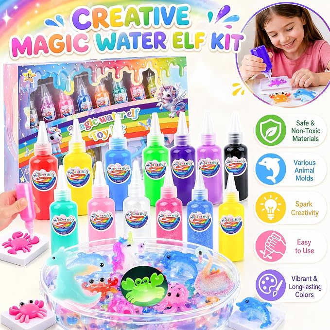Louseadon Magic Water Elf Toy Kit for Kids, 13 Colors Magic Gel & 8 Molds, Make Your Own Water Pets, DIY Squishy Maker Set, Sensory Craft Toy, Party Favors & Gifts for Boys & Girls, Ages 3+