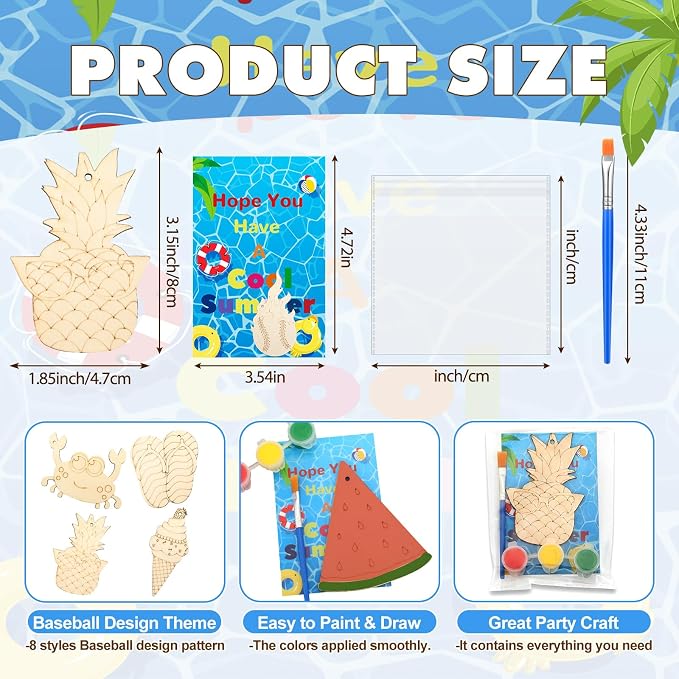 Saypacck 24 Pcs Summer Beach Party Favors Wooden Paint Craft Kits | Hawaiian Theme Kids Crafts, Includes Paints Brushes Organza Bags, Goodie Fillers for Preschool Birthday Gifts