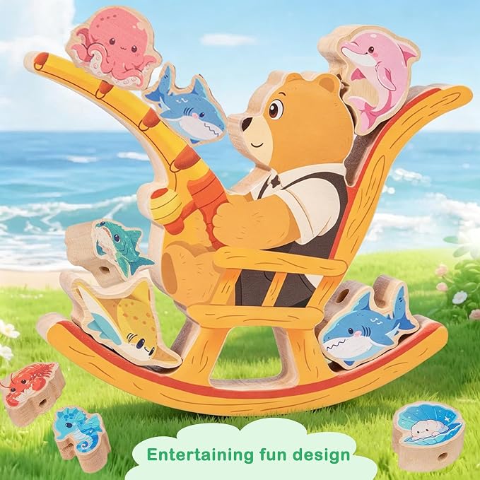 Wooden bear fishing Toy,Balance Stacking for Toddlers1-3&Kids 4-5-6 | 15pcs Blocks,Lacing Beads,Fine Motor Skills,Montessori STEM Education Learning Toy,Craft Gift for Boys&Girls