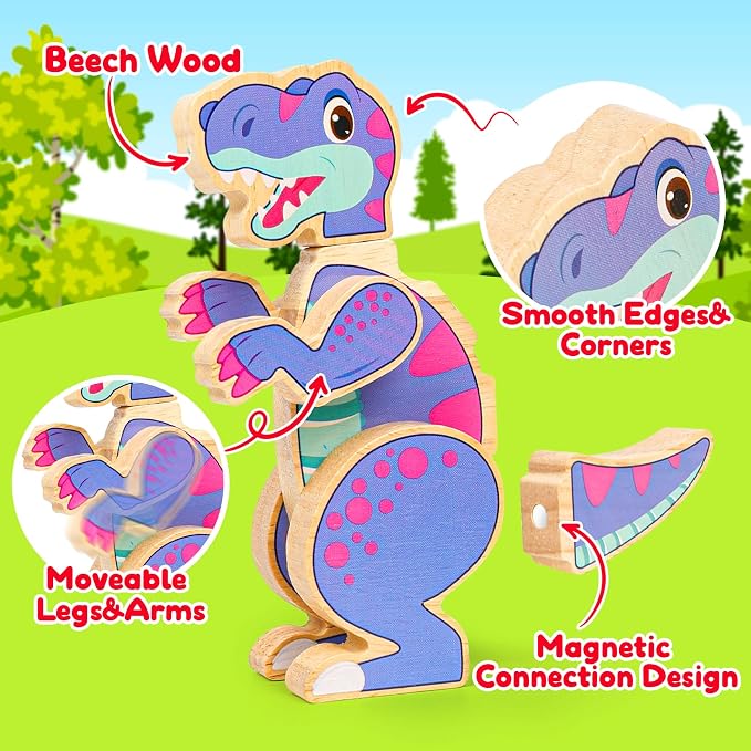Dinosaur Toys for Kids 3-5,Wooden Magnetic Dino Take Apart Building Blocks Toys for Fine Motor Skills & Creative Play,Easter Basket Stuffers Gifts for Boys Girls