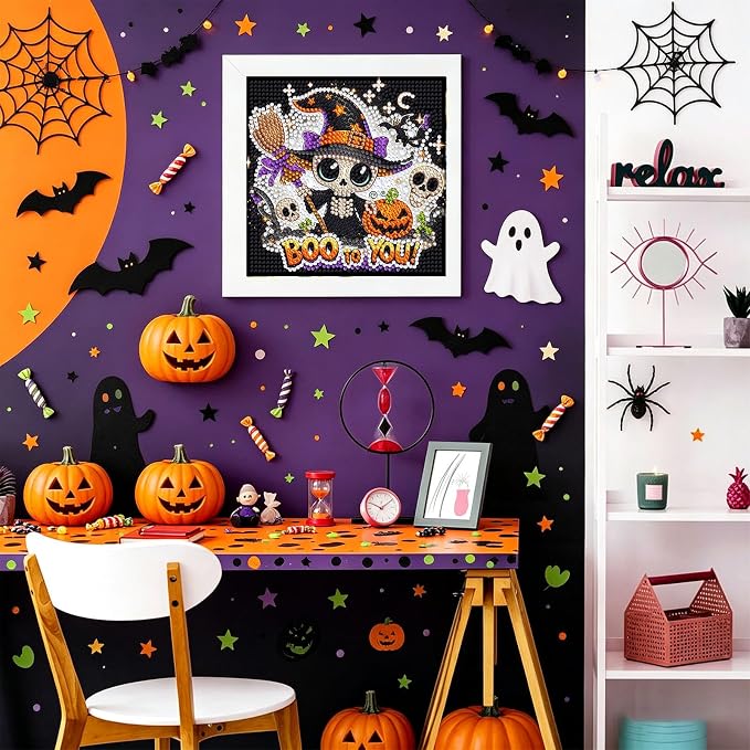 Gemozaic Halloween Diamond Art Kit for Kids Ages 6-8-12 with Frame, 7x7 in | Cute Skeleton Diamond Art for Kids 10 Year Old, DIY Big Gem Arts and Crafts for Boys and Girls Birthday Gift, Home Wall Decor