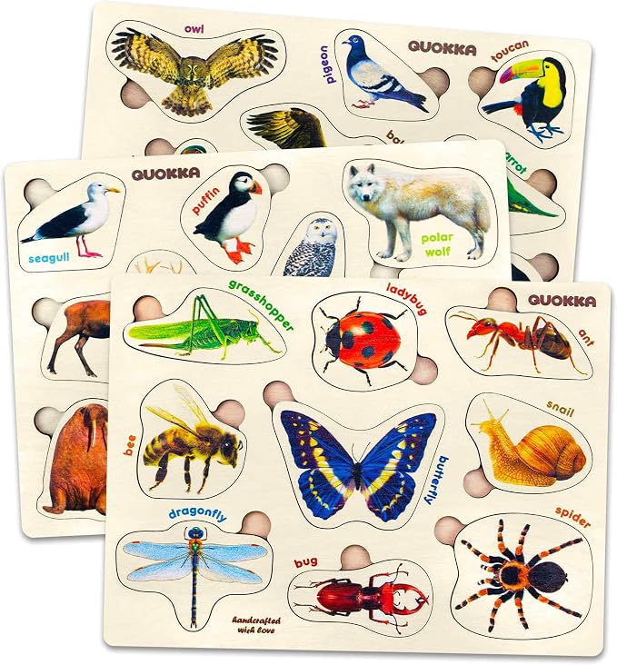 Wooden Puzzles for Toddlers 1-3 - 3 Montessori Kids Puzzles Ages 2-4 | Realistic Wood Puzzle for Toddlers 3-5 Boy and Girl - Learning Insects, Arctic Animals and Birds for Children