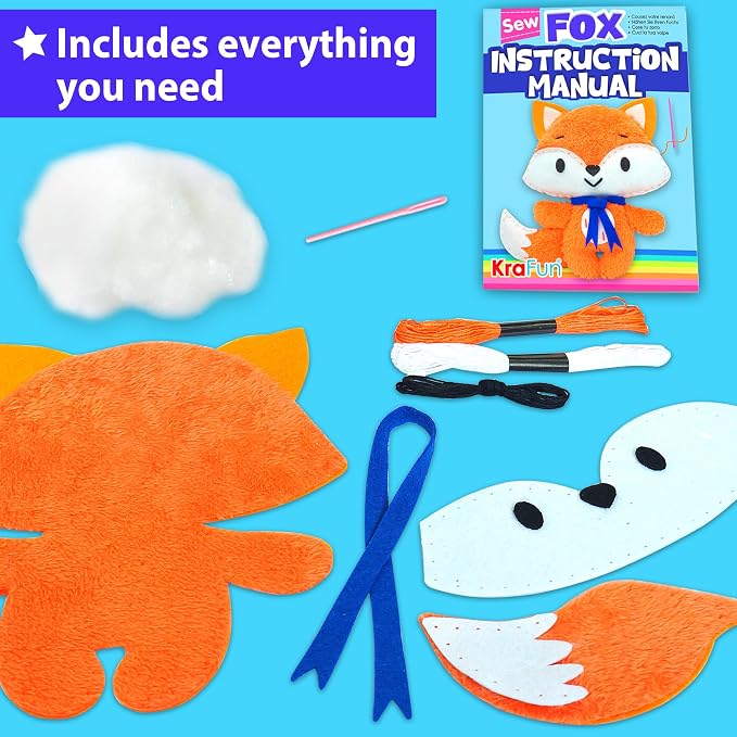 KRAFUN Fox Sewing Kit for Kids Ages 8-12 - No Scissors No Glue | Pre-cut & pre-punched felt. Child-safe needle included. Sew your own plush fox. Beginner craft gift for girls & boys