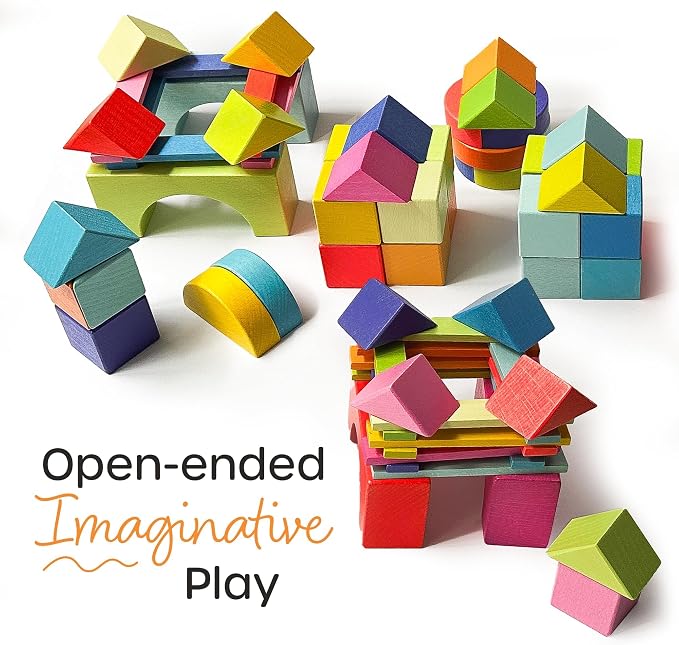 Quiggly Montessori Wooden Rainbow Building Blocks - 68 Pc STEM Toy Set | Storage box with carry handles, ages 12-48 months