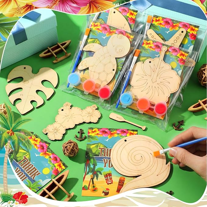 Saypacck 24 Pcs Hawaiian Party Favors Wooden Paint Craft Kits | Summer Tropical Party, Wooden DIY Painting Activity Sets with Organza Bags, Goodie Bag Fillers for Kids Guests
