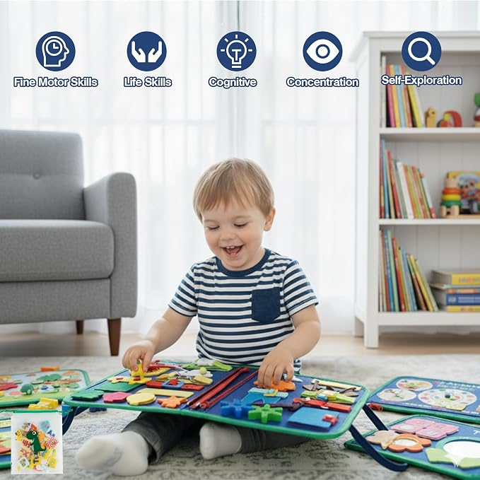 Tilhumt 8 in 1 Busy Book for Toddler 1-3, Montessori Boy Board | With Storage Bag for Travel Quiet Learning Sensory Toys, Felt Busy Book for Baby Educational Gift Activities Fine Motor Skill