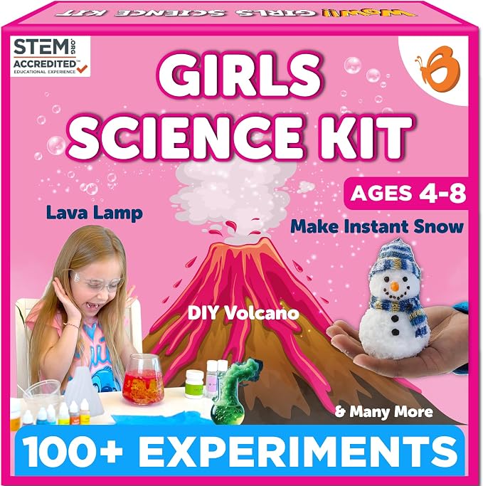 Butterfly EduFields 100+ Experiments Girls Science Kit for Kids Age 5-7 6-8 | Slime & Volcano Science Experiments Projects | Educational STEM Learning | Birthday Gift for Girls Ages 5-7 6-8 | Craft Kit