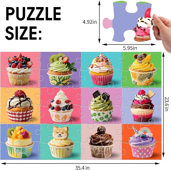 Jumbo Floor Puzzle for Kids,48 Piece Cupcake Jigsaw Puzzle Ages 3-8 | Dessert-themed Learning Puzzle with Decorated Cupcakes,Extra-thick Cardboard,35x24 in Completed,Gift for Boys and Girls