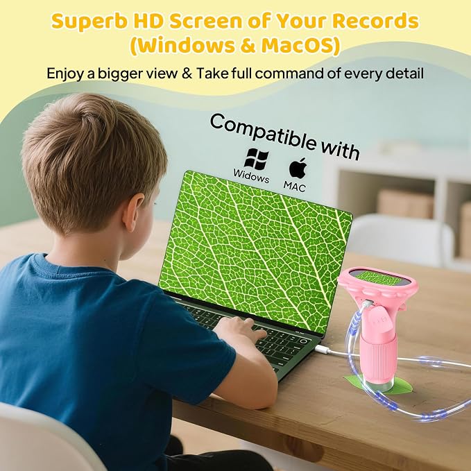 Kids Magnifying Glass, 2.0 Inch Digital Screen Mini Pocket Microscope for Bug - 200x Zoom Handheld Microscope with Adjustable Lights, Edu Birthday Gifts for Age 3-12 Girls