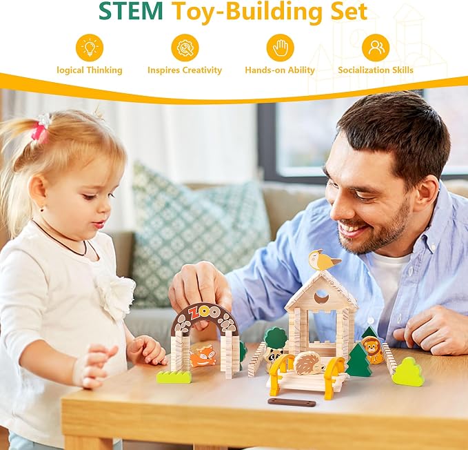 Wooden Building Blocks Set 168 Pieces Joinery Toys for Kids 3 Montessori STEM Educational Toy with Mortise and Tenon Structure Fine Motor Skills Development Gift for Boys Girls