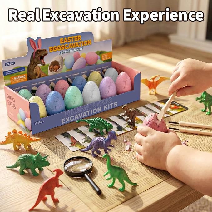 12 Pack Colorful Dinosaur Eggs, Excavation Kit with Learning Cards | STEM Science Toy for Kids, Easter Basket Stuffers, Party Favors, Birthday Gifts Classroom Activities for Boys Girls Age 3+