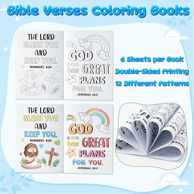 Dvbonike 24Pcs Bible Verses Coloring Books - Religious Theme DIY Color-in Pages with Inspirational Words Drawing Holiday Christian Activity Supplies for Sunday School Classroom Rewards Gift for Kids