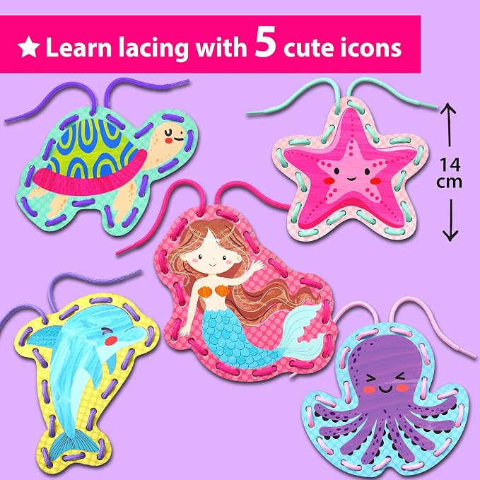 KRAFUN Mermaid Ocean Lacing Cards Age 3+ | 5 Projects | 5 mermaid ocean cards: Mermaid, Octopus, Seahorse, Fish & Starfish. Develops fine motor skills. For toddler girls & boys
